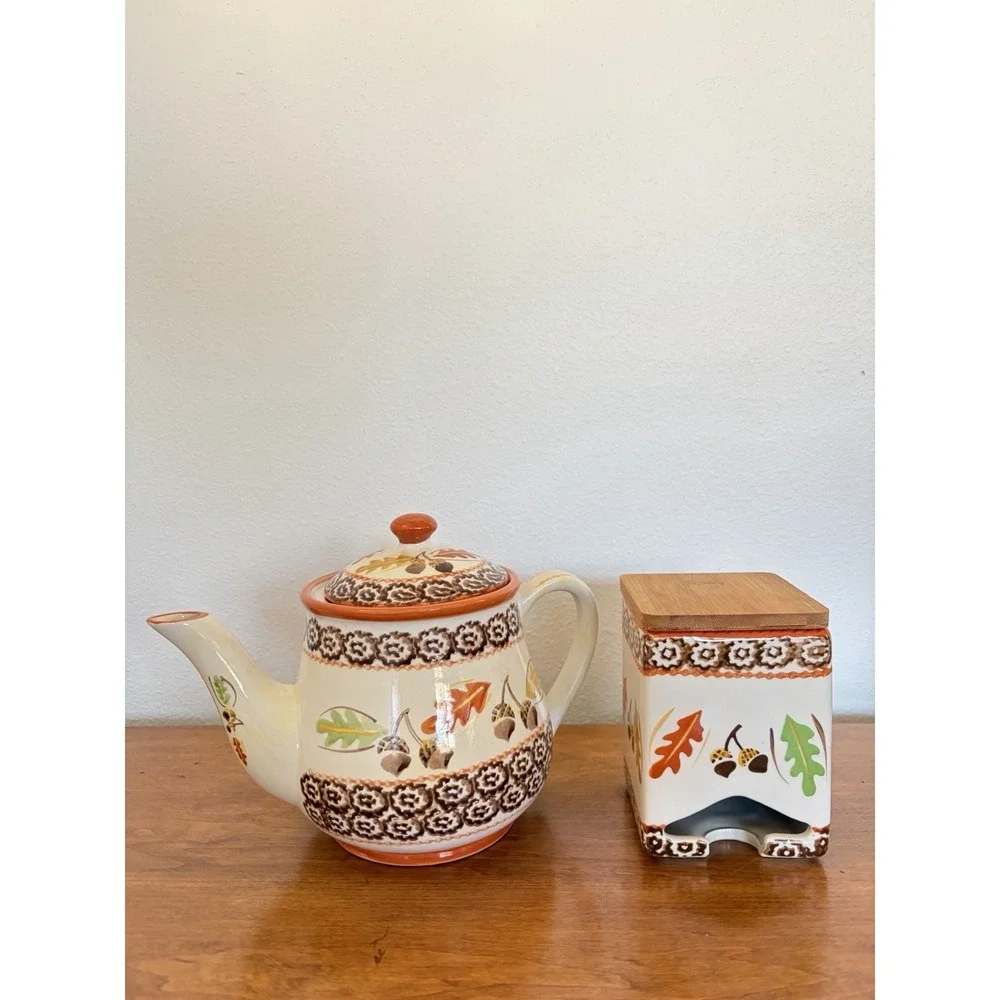 Temp-tations Old World Harvest Ceramic Teapot‎ & Square Tea Bag Holder with Lid